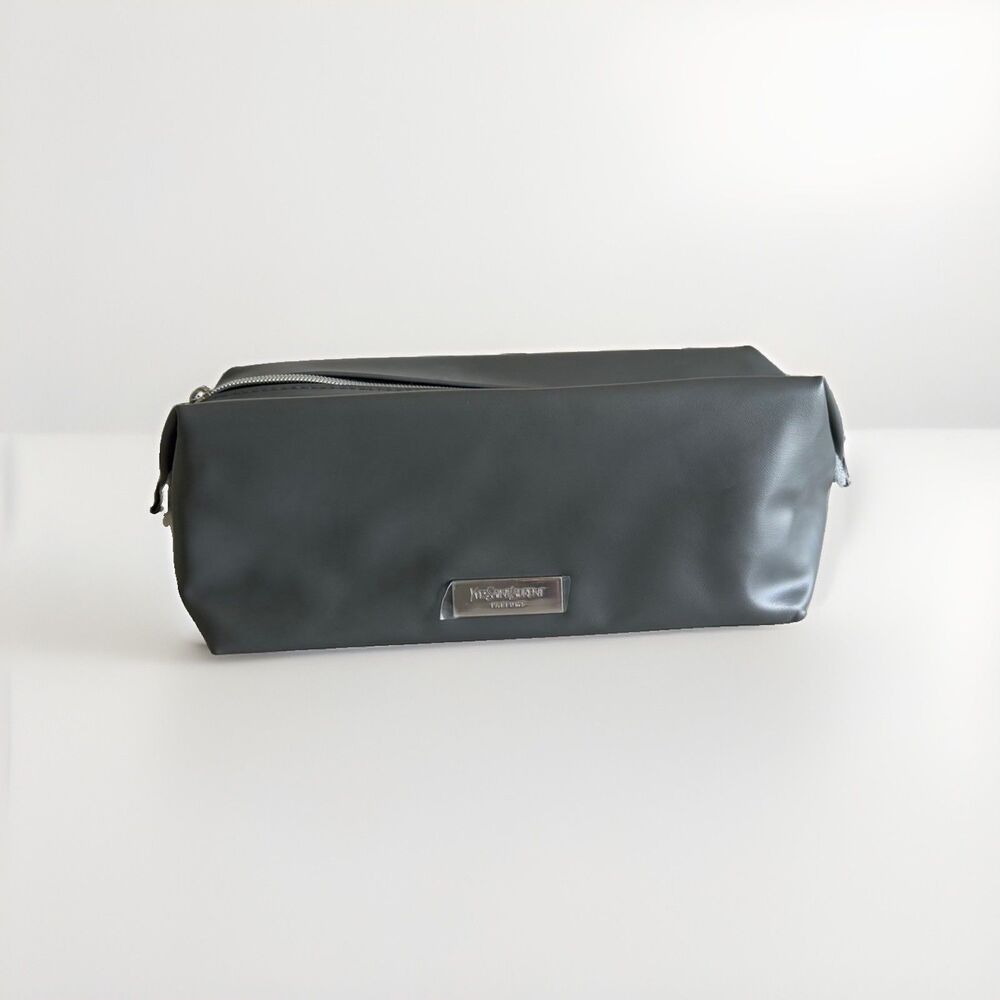 YSL Mens Toiletry Cosmetic Beauty Pouch Travel Bag Dark Grey Zipper New